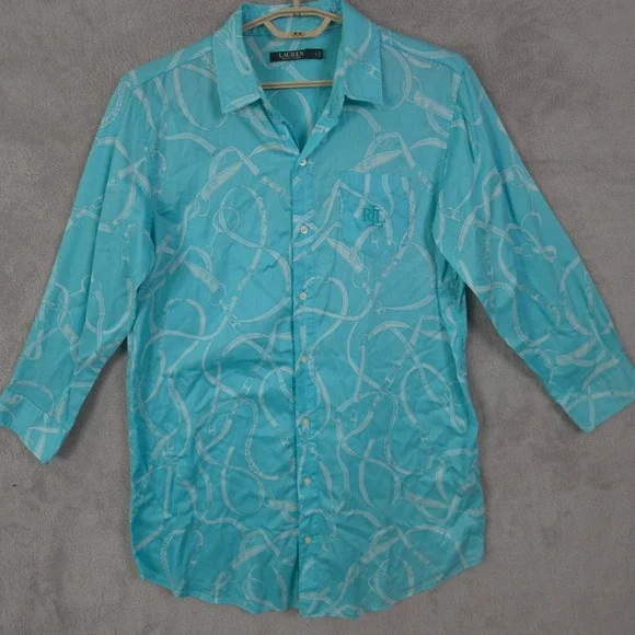 Lauren Ralph Lauren Button Up Shirt Dress Long Sleeve Top Crest Geometric Large - Picture 1 of 15